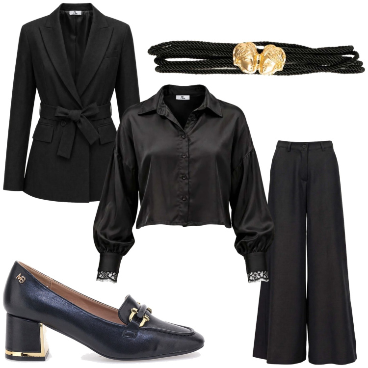 Outfit donna - Total black. Stile Casual per Tutti i giorni. Abbinamento con camicie, pantaloni a palazzo, blazer, cinture, mocassini.