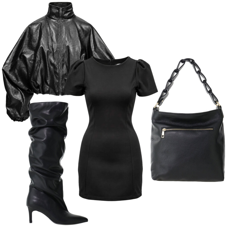 Outfit donna - Black. Stile Casual chic per Tutti i giorni. Abbinamento con bomber, vestiti corti, borse a spalla, stivali.