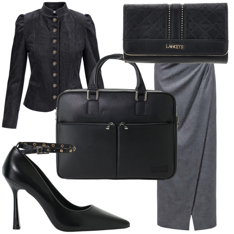 Outfit donna - Black & grey. Stile Casual chic per Ufficio. Abbinamento con gonne lunghe, blazer, décolleté, borse messenger, top, portafogli.