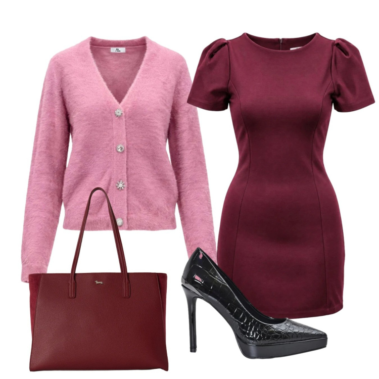 Outfit donna - Bordeaux e rosa cipria. Stile Chic per Tutti i giorni. Abbinamento con vestiti corti, cardigans, shopping bag, décolleté.