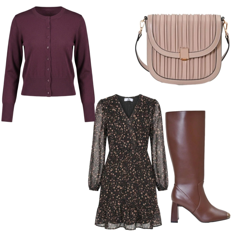 Outfit donna - Autunno romantico. Stile Bon Ton per Tutti i giorni. Abbinamento con vestiti corti, borse a tracolla, stivali sopra il ginocchio, cardigans.