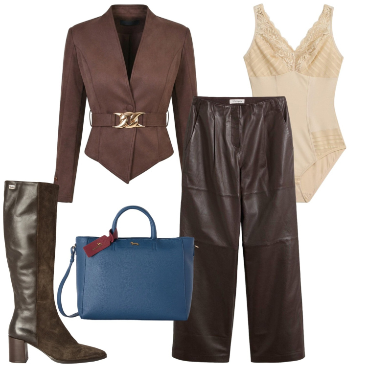 Outfit donna - Aperitivo glam. Stile Glamour per Serata fuori. Abbinamento con borse a mano, stivali, blazer, body, pantaloni.