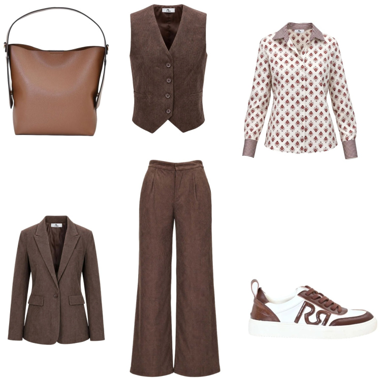 Outfit donna - Total look #2500691. Stile Casual chic per Ufficio. Abbinamento con camicie, blazer, gilet, pantaloni a palazzo, borse a mano, sneakers.