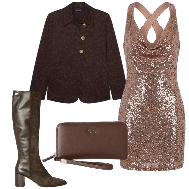 Outfit donna - Aperitivo glam - Focus Donna Curvy. Stile Glamour per Serata fuori. Abbinamento con portafogli, stivali, blazer, vestiti a tubino.