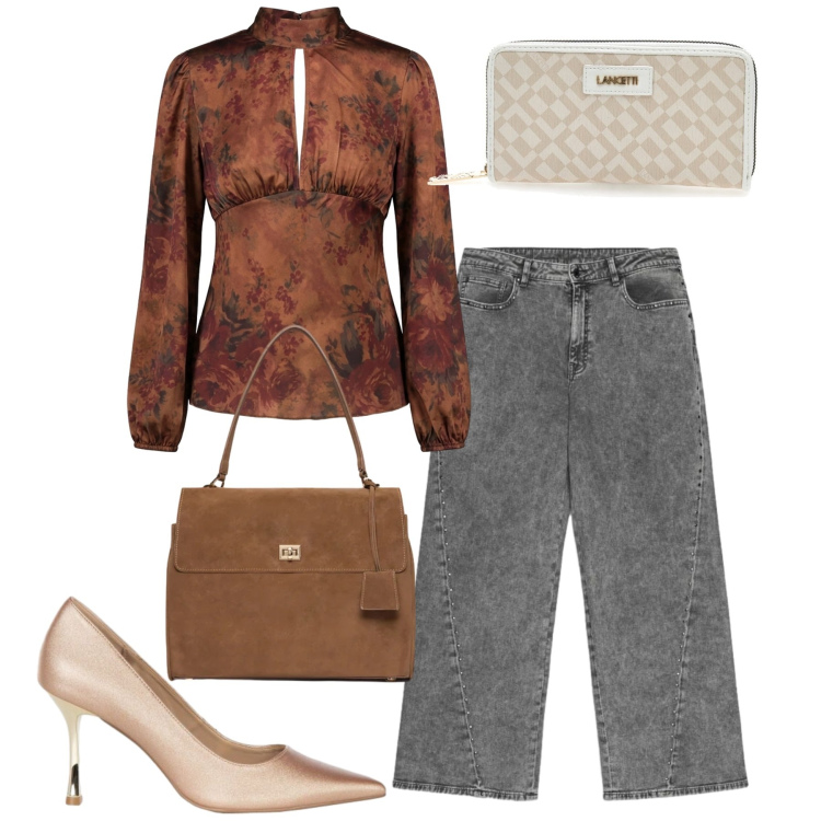 Outfit donna - Aperitivo glam - Focus Donna Curvy. Stile Glamour per Serata fuori. Abbinamento con borse a mano, décolleté, bluse, jeans, portafogli.