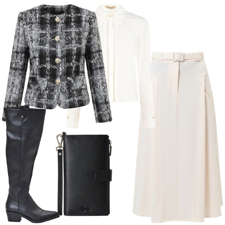 Outfit donna - Chic. Stile Chic per Tutti i giorni. Abbinamento con portafogli, stivali, camicie, blazer, gonne longuette.