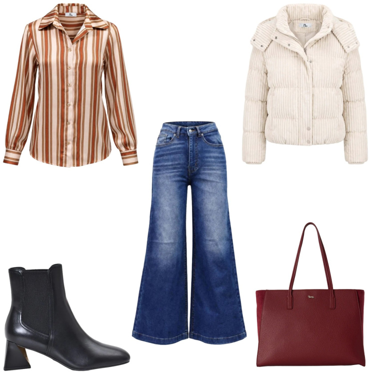 Outfit donna - Total look #2500700. Stile Basic per Tutti i giorni. Abbinamento con camicie, piumini, jeans bootcut, shopping bag, stivaletti.