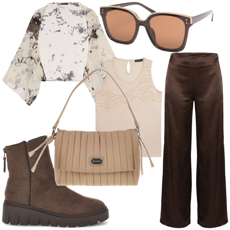 Outfit donna - Casual. Stile Casual per Tutti i giorni. Abbinamento con bolero, canottiere, pantaloni a palazzo, occhiali da sole, pochette, stivaletti.