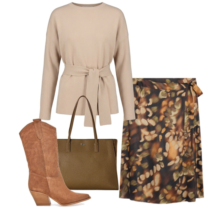 Outfit donna - Stile Boho Chic autunnale - Focus Donna. Stile Boho per Tutti i giorni. Abbinamento con shopping bag, gonne longuette, maglieria, stivaletti texani.