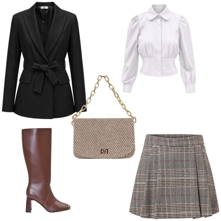 Outfit donna - Total look #2500709. Stile Casual per Serata fuori. Abbinamento con camicie, blazer, stivali sopra il ginocchio, gonne, borse a spalla.