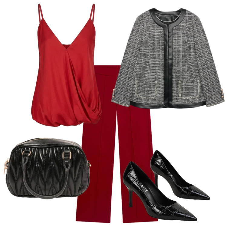 Outfit donna - Pop of red - Focus Donna Curvy. Stile Chic per Serata fuori. Abbinamento con blazer, pantaloni, top, borse a mano, décolleté.