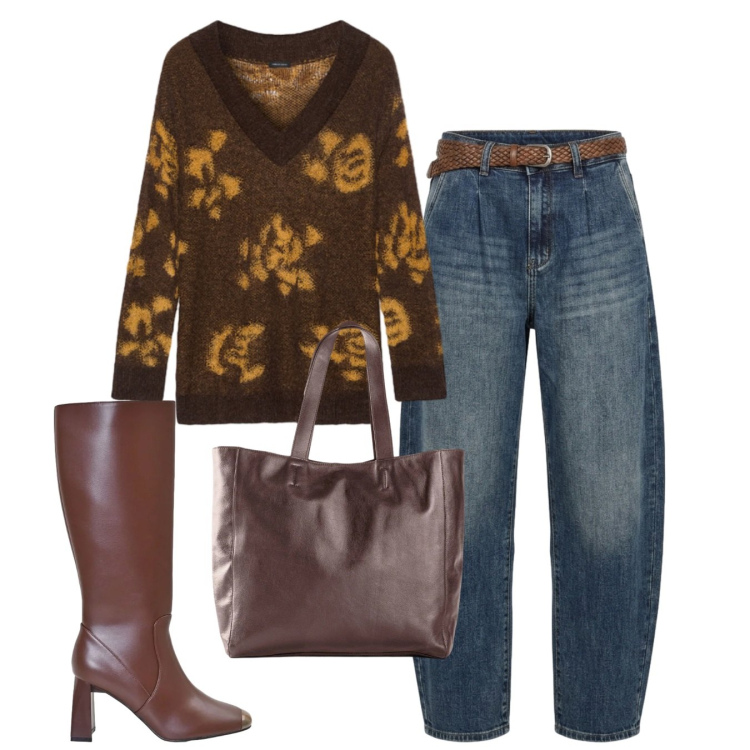 Outfit donna - Stile Boho Chic autunnale - Focus Donna. Stile Boho per Tutti i giorni. Abbinamento con maglieria, stivali sopra il ginocchio, jeans, shopping bag.