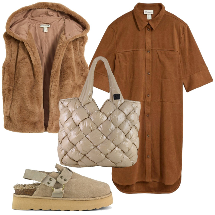 Outfit donna - Stile boho chic autunnale. Stile Chic per Tutti i giorni. Abbinamento con borse tote, sabot, vestiti chemisier, gilet.