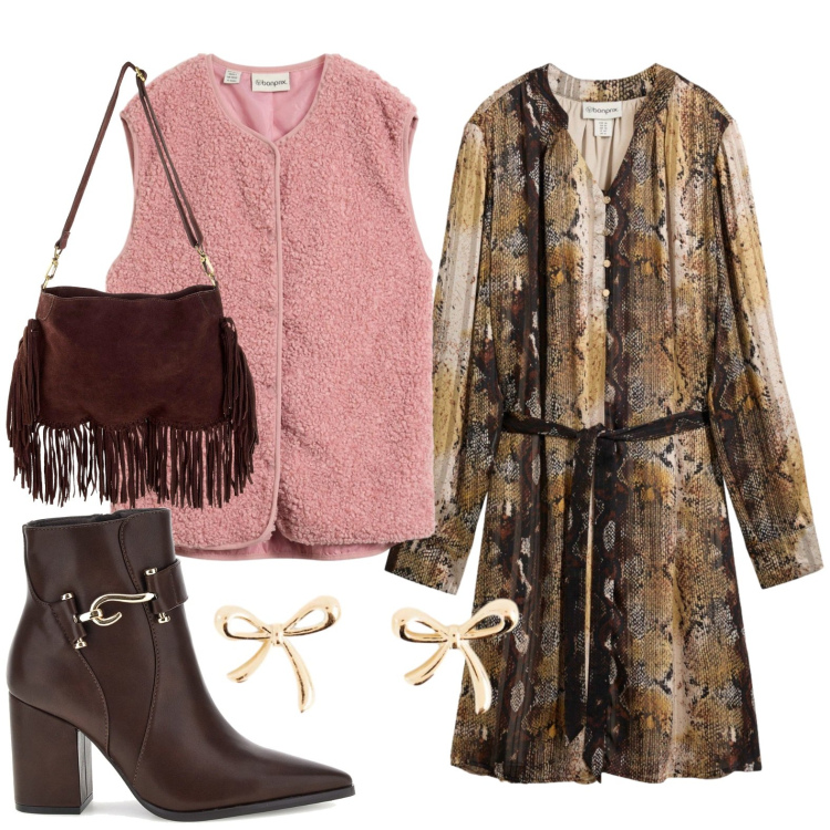 Outfit donna - Stile boho chic autunnale. Stile Casual per Tutti i giorni. Abbinamento con borse a tracolla, vestiti, gilet, stivaletti, orecchini.