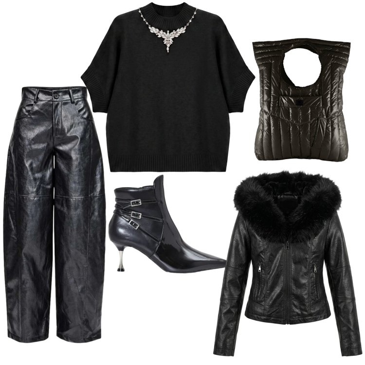Outfit donna - Cool black. Stile Trendy per Serata fuori. Abbinamento con pantaloni a palazzo, maglieria, borse a mano, stivaletti, giacche.