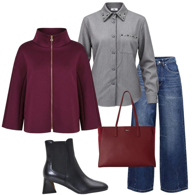 Outfit donna - Fine ottobre. Stile Urban per Ufficio. Abbinamento con camicie, jeans bootcut, shopping bag, stivaletti, cappotti.