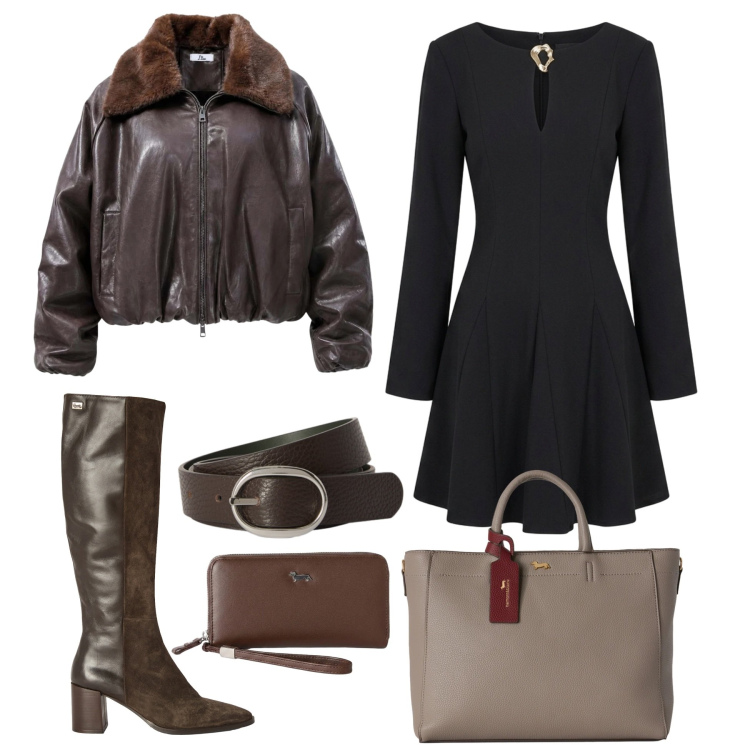 Outfit donna - Viva il marrone. Stile Trendy per Ufficio. Abbinamento con bomber, borse a mano, portafogli, cinture, stivali, vestiti corti.