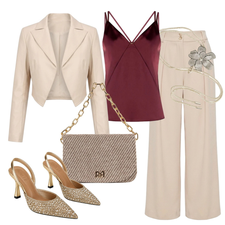Outfit donna - Aperitivo glam. Stile Glamour per Serata fuori. Abbinamento con pantaloni a palazzo, top, borse a spalla, blazer, cinture, décolleté.