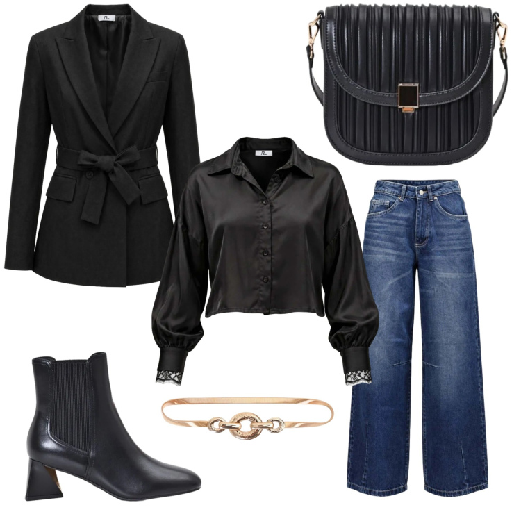 Outfit donna - Back to Black. Stile Minimal per Tutti i giorni. Abbinamento con camicie, blazer, jeans bootcut, borse a tracolla, cinture, stivaletti.