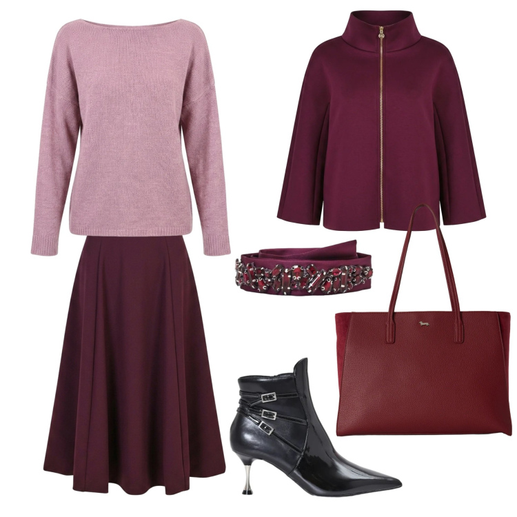 Outfit donna - Contrasto delicato. Stile Romantica per Serata fuori. Abbinamento con shopping bag, gonne lunghe, stivaletti, cappotti, cinture, maglieria.