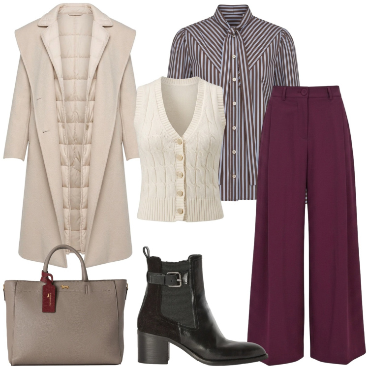 Outfit donna - Total look #2500811. Stile Casual chic per Tutti i giorni. Abbinamento con borse a mano, camicie, stivaletti, cappotti, maglieria, pantaloni a palazzo.