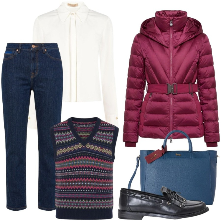 Outfit donna - Total look #2500819. Stile Urban per Ufficio. Abbinamento con borse a mano, jeans, maglieria, piumini, camicie, mocassini.