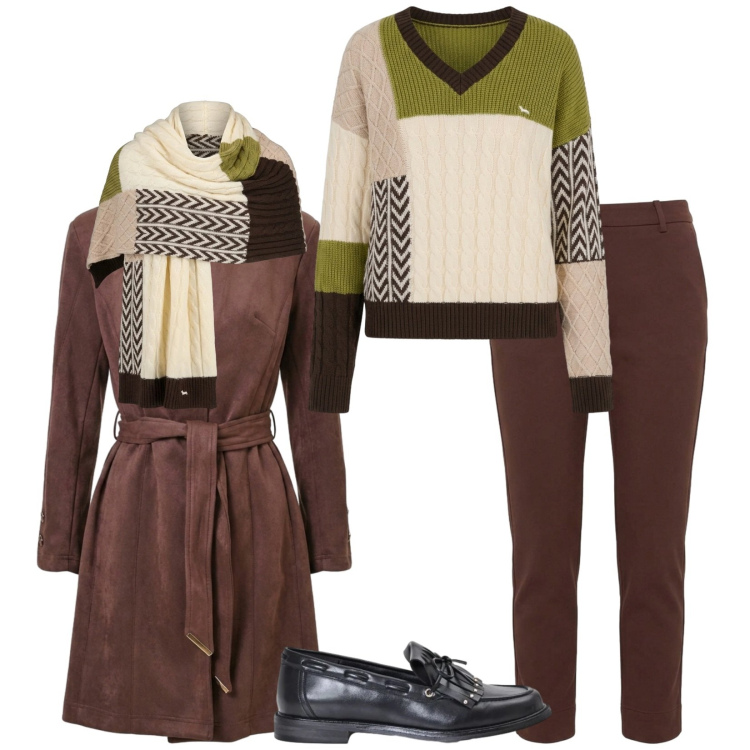 Outfit donna - Total look #2500821. Stile Casual chic per Ufficio. Abbinamento con sciarpe, pantaloni, maglieria, mocassini, trench.