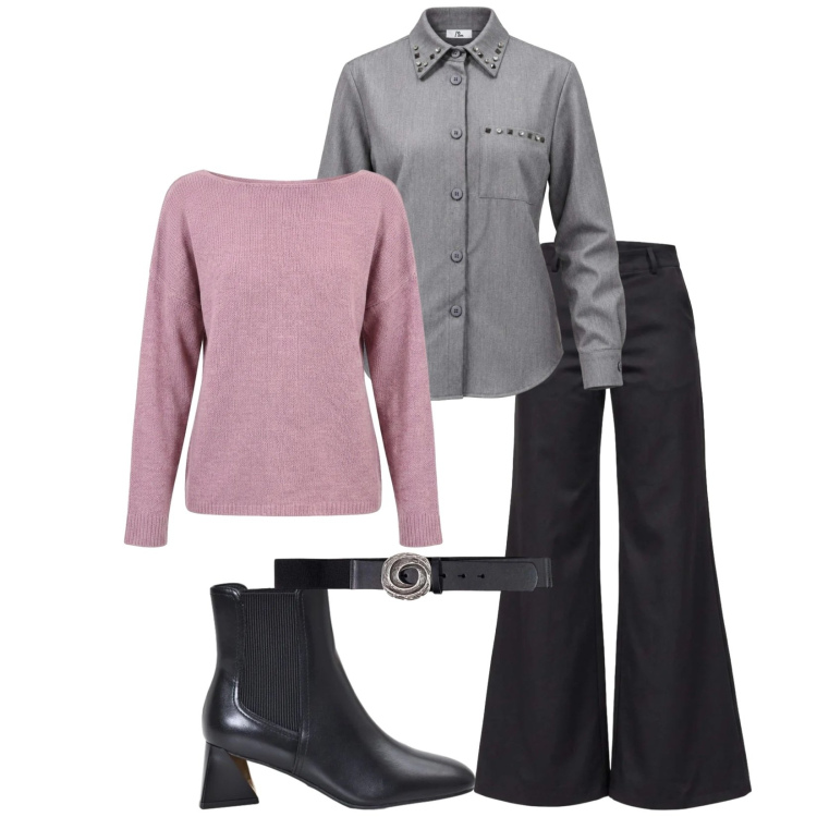 Outfit donna - Total look #2500831. Stile Casual chic per Ufficio. Abbinamento con cinture, camicie, pantaloni, stivaletti, maglieria.