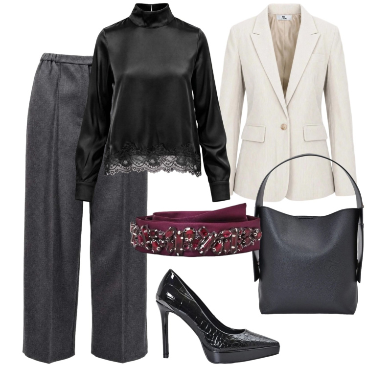 Outfit donna - Cena in giacca bianca. per Serata fuori. Abbinamento con bluse, pantaloni, blazer, borse a spalla, décolleté, cinture.