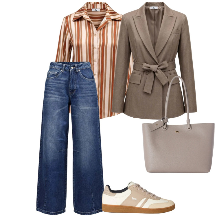 Outfit donna - Di giorno. per Tutti i giorni. Abbinamento con camicie, blazer, jeans bootcut, sneakers, shopping bag.