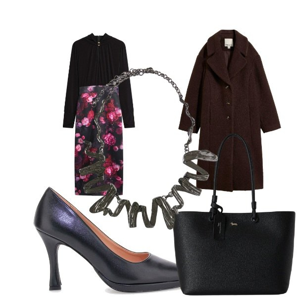 Outfit donna - Stile Boho Chic autunnale. per Serata fuori. Abbinamento con shopping bag, ciondoli, décolleté, vestiti lunghi, cappotti.