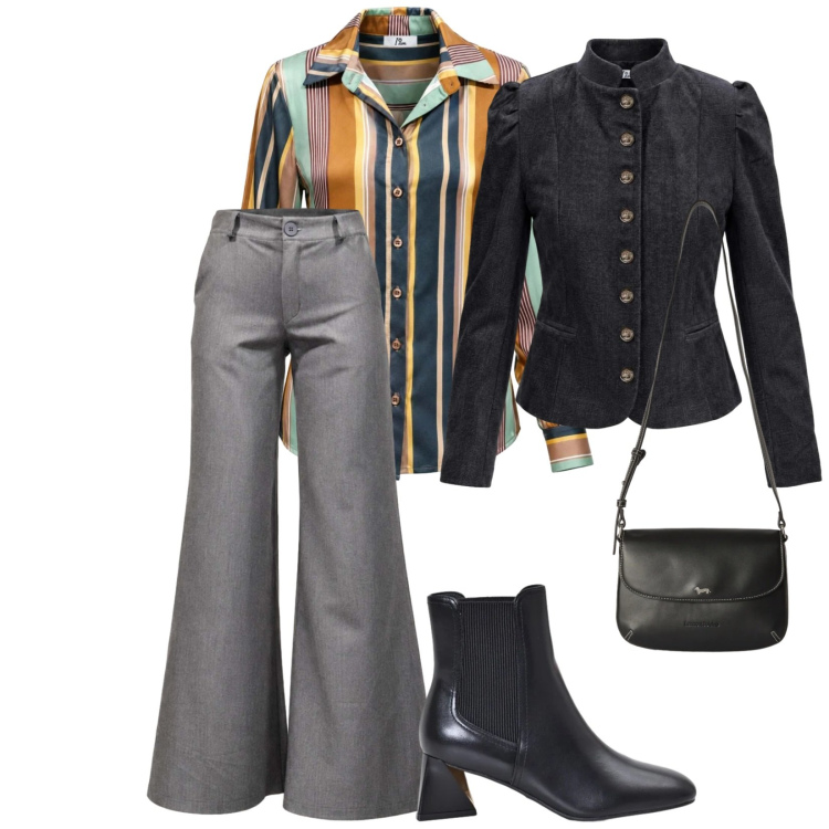 Outfit donna - A lavoro. per Scuola/Università. Abbinamento con pantaloni, camicie, blazer, borse a tracolla, stivaletti.