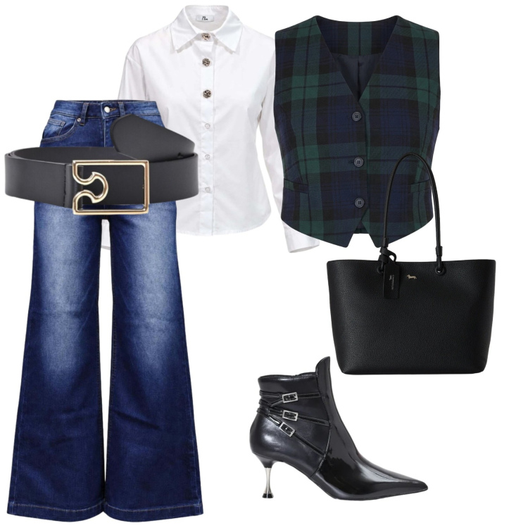 Outfit donna - Tra amiche. per Tutti i giorni. Abbinamento con camicie, jeans bootcut, shopping bag, stivaletti, cinture, gilet.