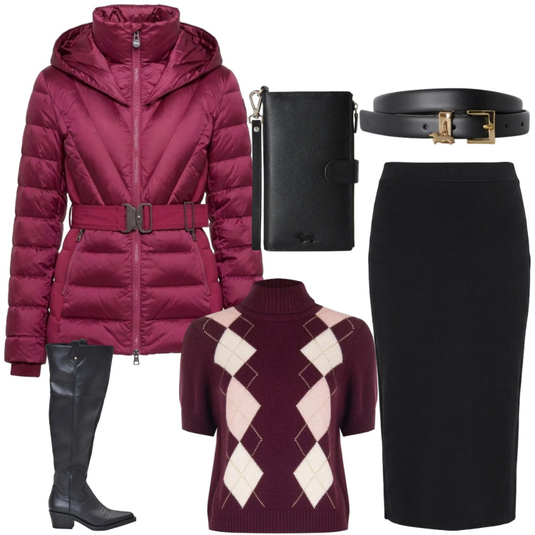 Outfit donna - Total look #2500855. Stile Casual chic per Tutti i giorni. Abbinamento con cinture, portafogli, piumini, stivali, maglieria, gonne longuette.