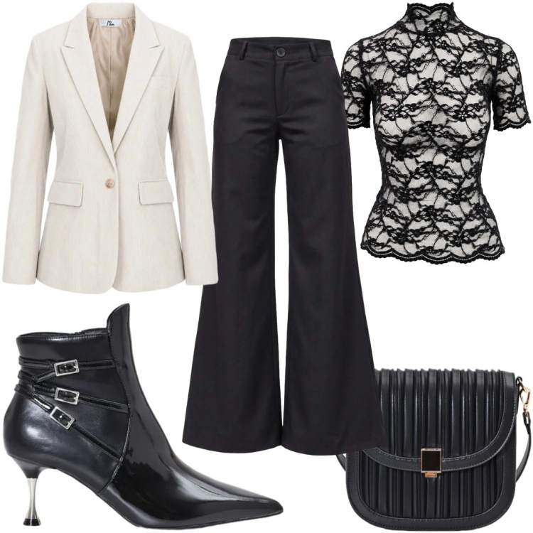 Outfit donna - Total look #2500910. Stile Trendy per Serata fuori. Abbinamento con top, blazer, pantaloni, borse a tracolla, stivaletti.