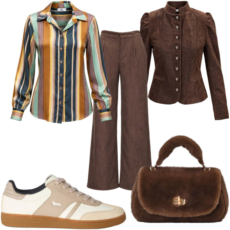 Outfit donna - Total look #2500913. Stile 70s per Tutti i giorni. Abbinamento con blazer, camicie, pantaloni a palazzo, sneakers, borse a mano.