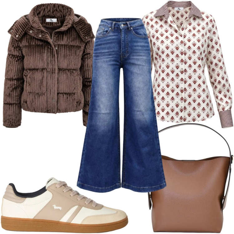Outfit donna - Total look #2500921. Stile 70s per Tutti i giorni. Abbinamento con camicie, piumini, jeans bootcut, sneakers, borse a mano.