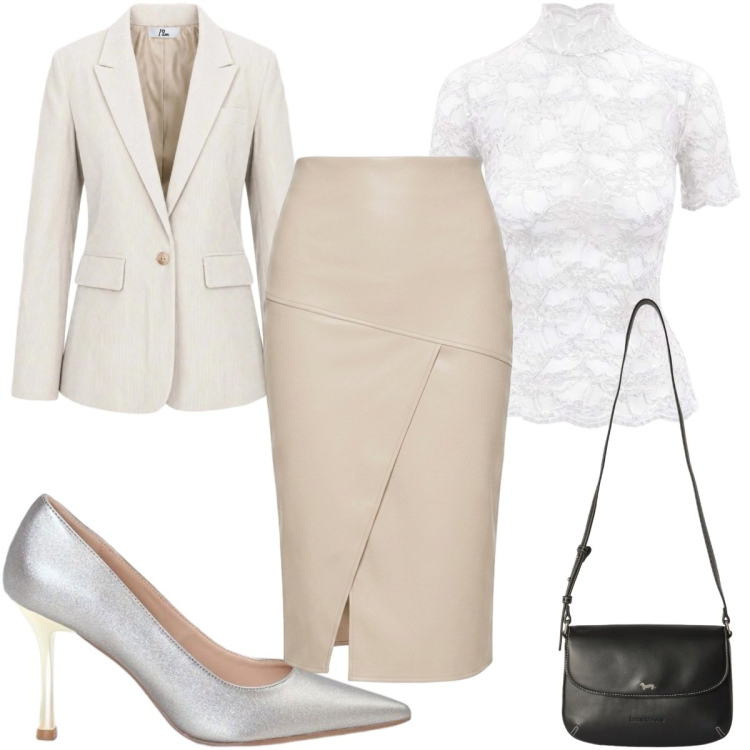Outfit donna - Total look #2500923. Stile Chic per Tutti i giorni. Abbinamento con top, blazer, borse a tracolla, gonne longuette, décolleté.