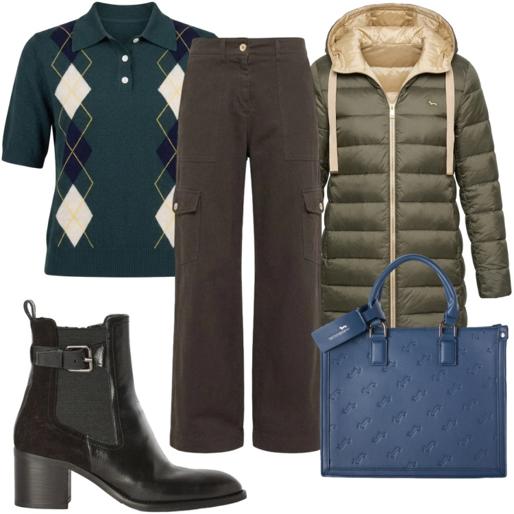 Outfit donna - Total look #2500924. Stile Casual per Tutti i giorni. Abbinamento con pantaloni cargo, piumini, maglieria, stivaletti, borse a mano.