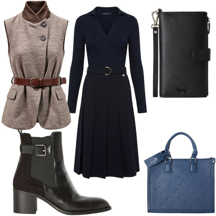 Outfit donna - Total look #2500925. Stile Trendy per Tutti i giorni. Abbinamento con gilet, vestiti midi/longuette, borse a mano, portafogli, stivaletti.