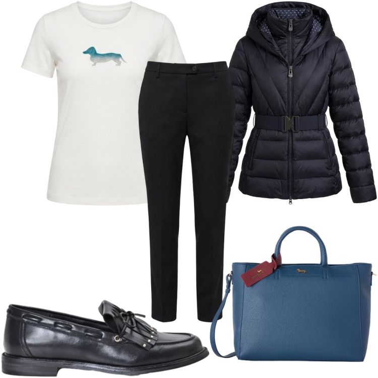 Outfit donna - Total look #2500926. Stile Mannish per Tutti i giorni. Abbinamento con borse a mano, piumini, t-shirt, pantaloni, mocassini.