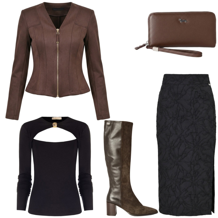 Outfit donna - Serata fuori. Stile Urban per Serata fuori. Abbinamento con portafogli, stivali, blazer, t-shirt, gonne longuette.