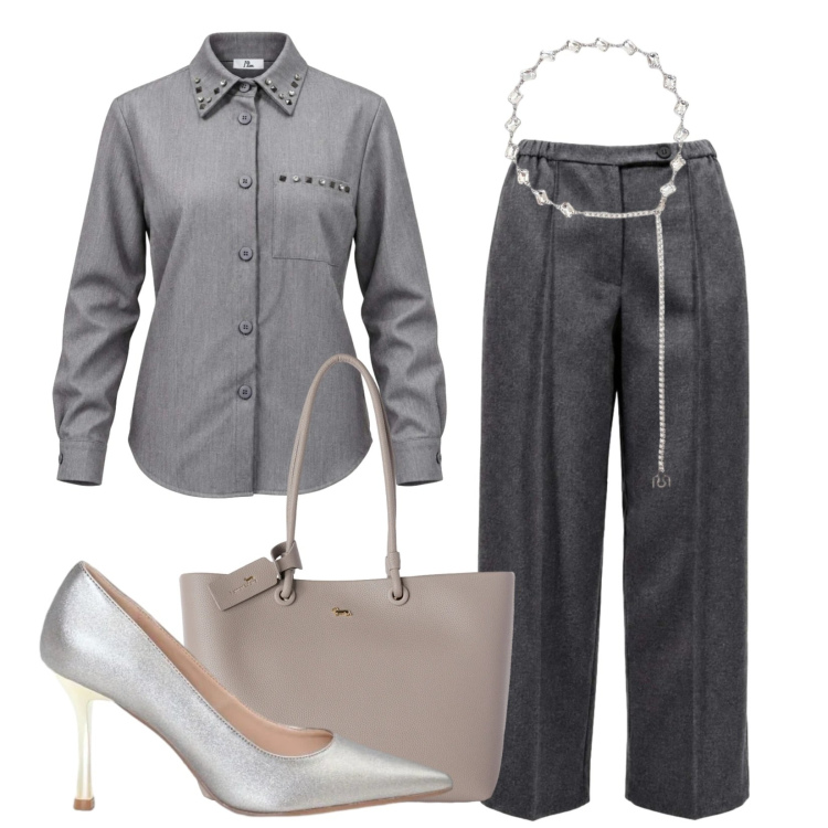 Outfit donna - Raffinata in grigio. Stile Sporty chic per Ufficio. Abbinamento con pantaloni, camicie, shopping bag, décolleté, cinture.