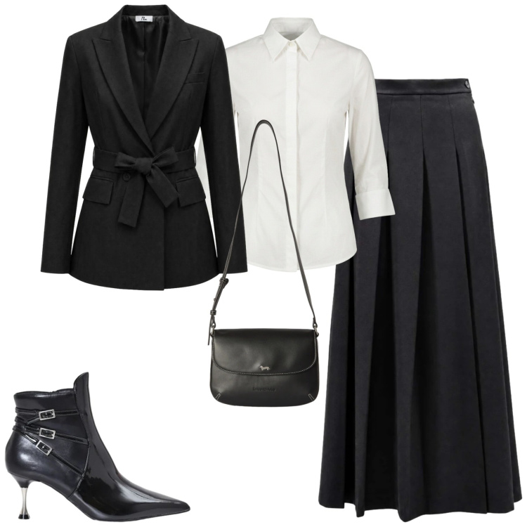 Outfit donna - City. Stile Urban per Tutti i giorni. Abbinamento con gonne lunghe, blazer, borse a tracolla, stivaletti, camicie.