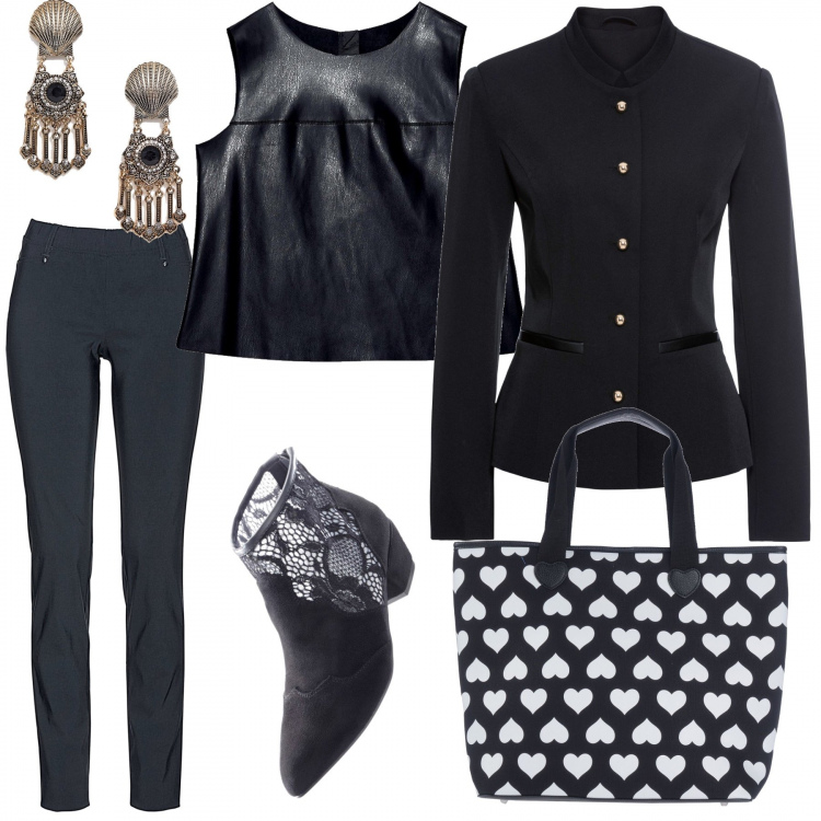 Outfit donna - Lavoro con passione. Stile Trendy per Ufficio. Abbinamento con pantaloni, maglieria, tronchetti con zip nero, borsa a mano con stampa taglia media doppio manico interno sfoderato in pelle sintetica, camicia nero, orecchini con strass farfalla oro.