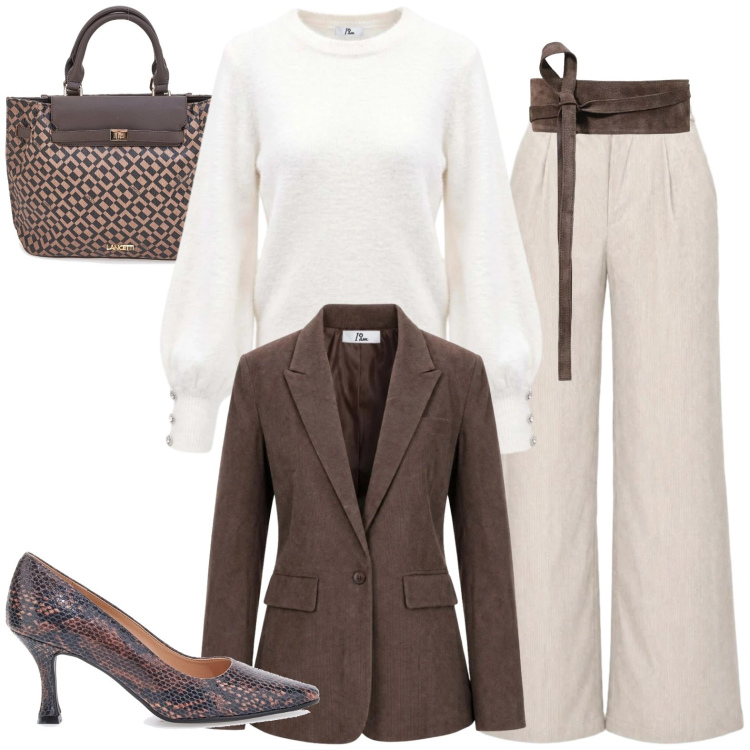 Outfit donna - In giacca. Stile Casual chic per Tutti i giorni. Abbinamento con maglieria, cinture, pantaloni a palazzo, blazer, borse a mano, décolleté.