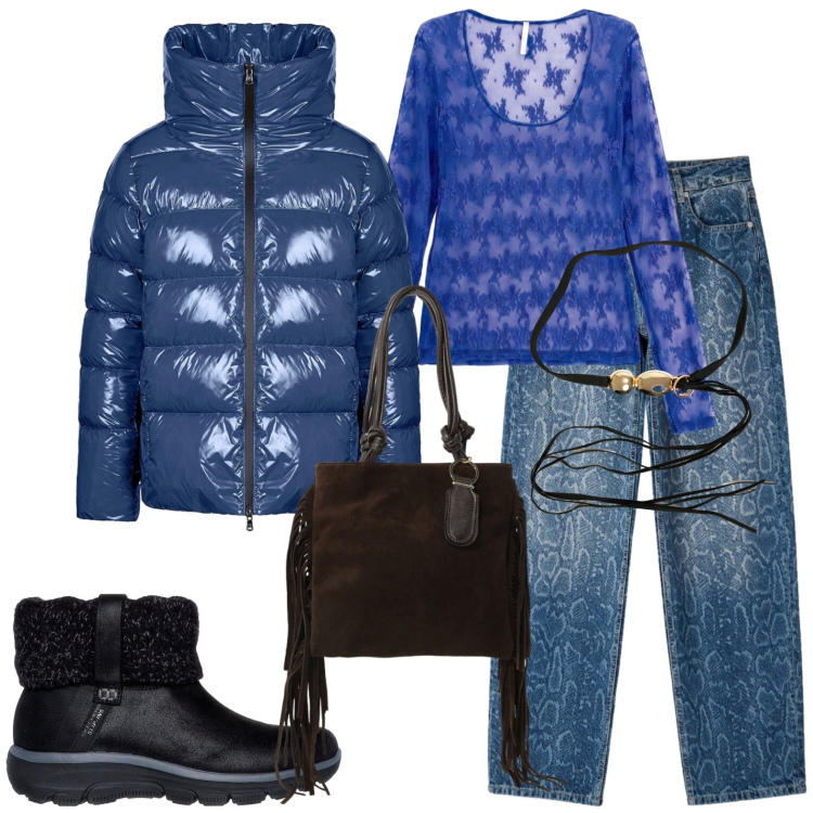 Outfit donna - Nero e....... Stile Casual per Tutti i giorni. Abbinamento con top, borse a mano, piumini, cinture, jeans dritti, stivaletti.
