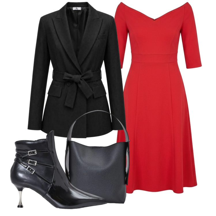 Outfit donna - Chic. Stile Chic per Serata fuori. Abbinamento con blazer, vestiti midi/longuette, borse a spalla, stivaletti.