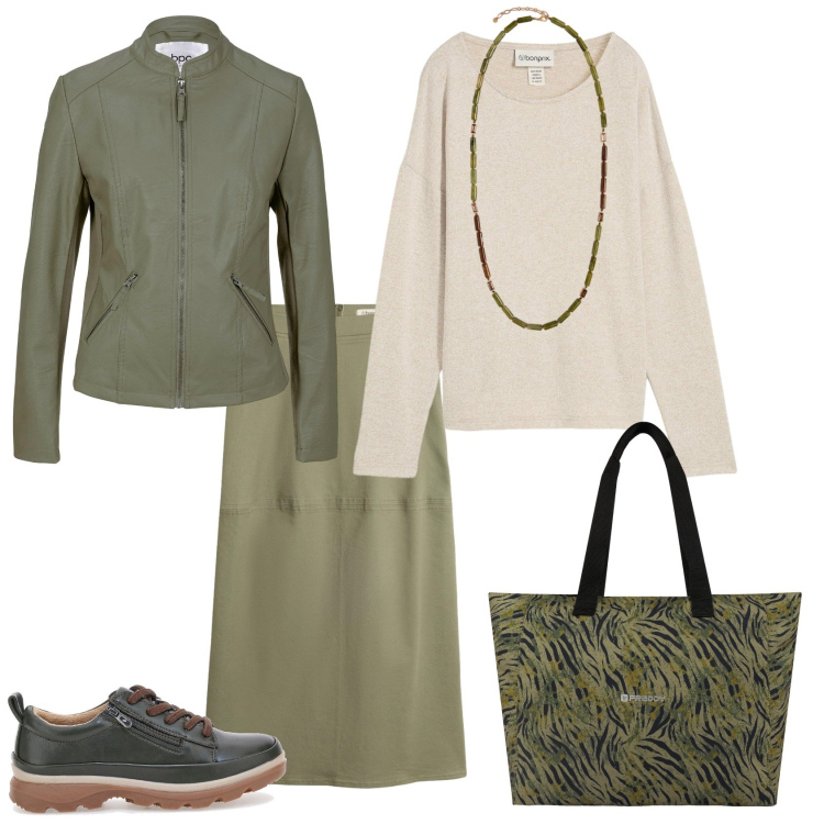 Outfit donna - Total look #2501032. Stile Casual chic per Tutti i giorni. Abbinamento con collane, shopping bag, maglieria, blazer, sneakers, gonne longuette.