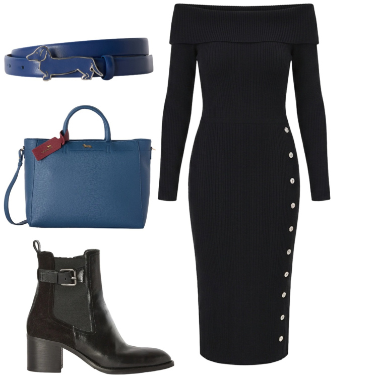Outfit donna - Noir. Stile Chic per Tutti i giorni. Abbinamento con borse a mano, cinture, stivaletti, vestiti midi/longuette.